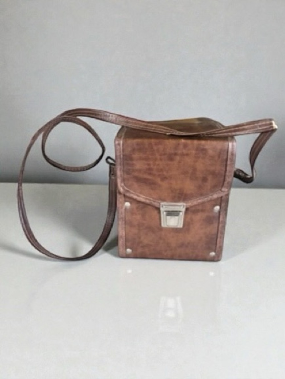 Vintage Brown Faux Leather Box Purse Crossbody Retro Handbag